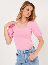 Knit Square Neck Puff Top - Pink