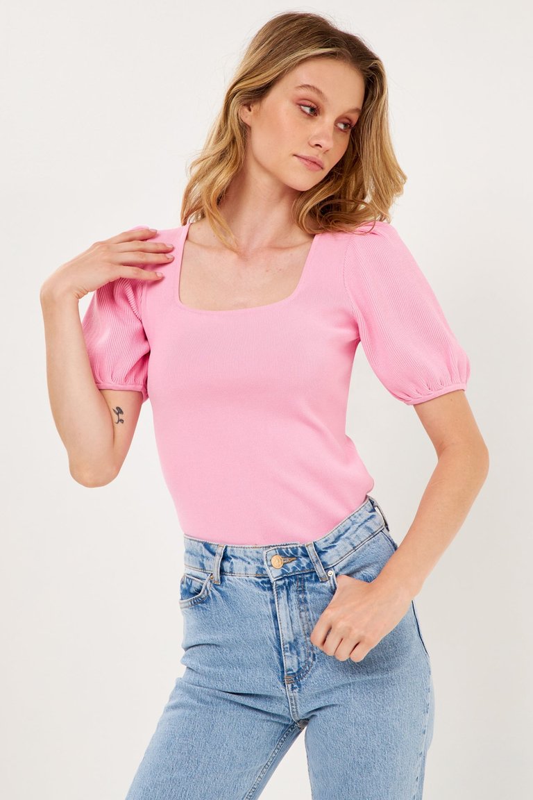 Knit Square Neck Puff Top - Pink