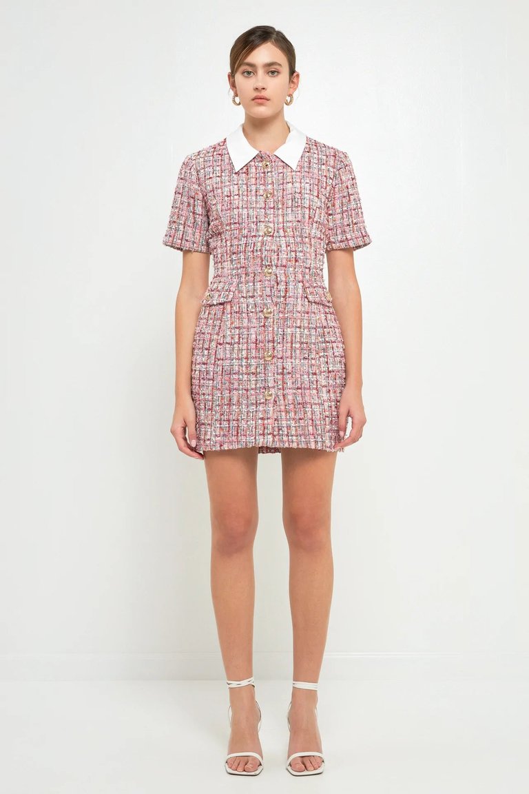 Multi Tweed Collared Short Sleeve Dress - Pink Multi