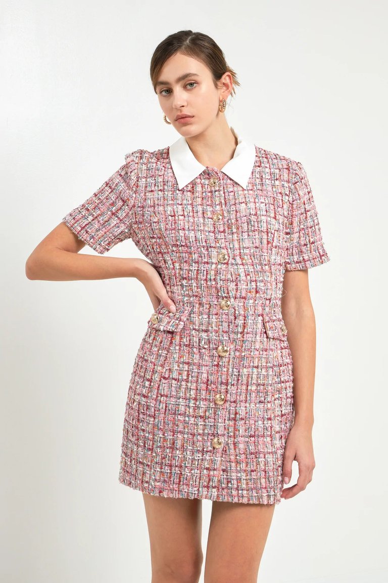 Multi Tweed Collared Short Sleeve Dress