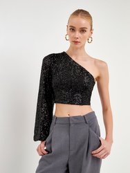 One Sleeve Asymmetrical Sequins Crop Top - Black