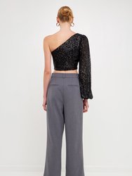 One Sleeve Asymmetrical Sequins Crop Top