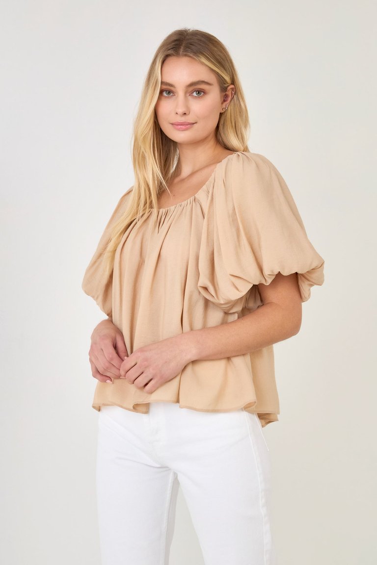 Pleated Puff Sleeve Top - Beige