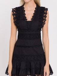 Plunging Neck Lace Trim Dress - Black