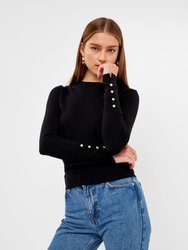 Plush Knit Sweater Top With Sleeve Buttons - Black