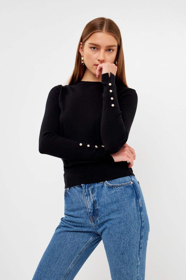 Plush Knit Sweater Top With Sleeve Buttons - Black