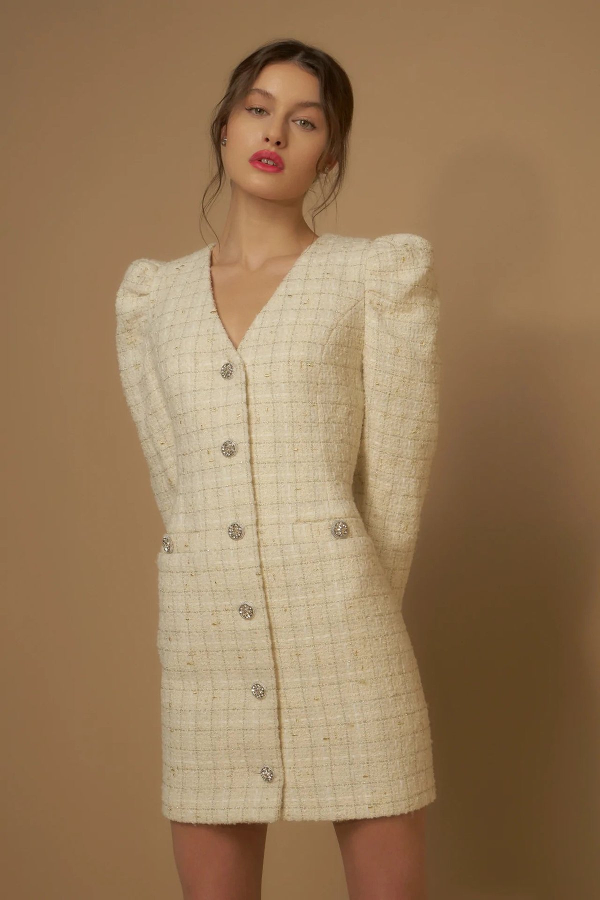 Endless Rose - Premium Long-Sleeve Tweed Mini Dress Ivory / Xs