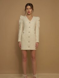 Premium Long-Sleeve Tweed Mini Dress - Ivory - Ivory