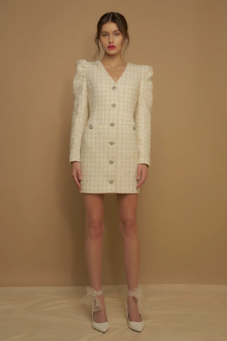 Premium Long-Sleeve Tweed Mini Dress - Ivory - Ivory