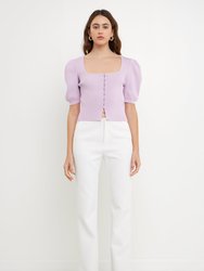 Puff Short Sleeve Button Front Sweater Top - Lilac