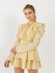 Ruched Front Long Sleeve Floral Romper - Yellow