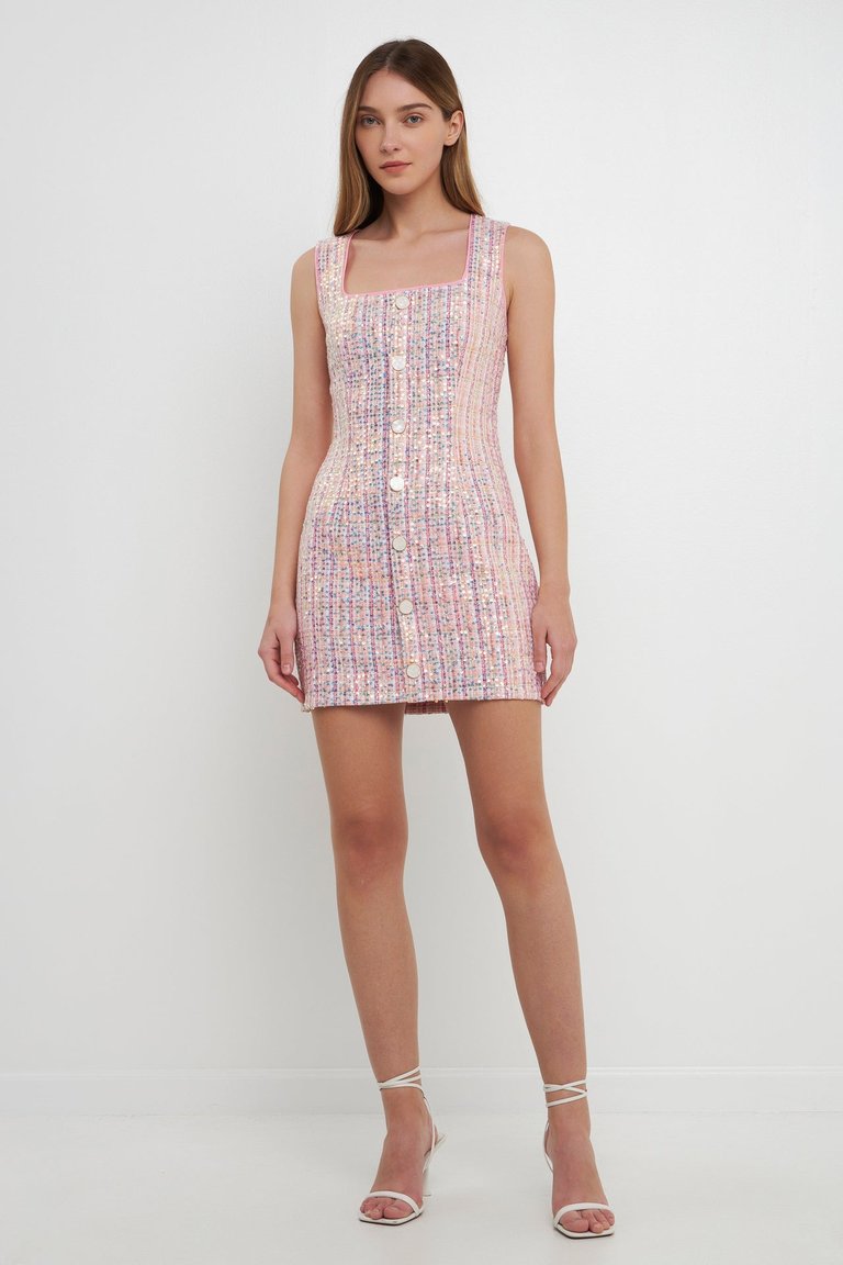 Sequin Tweed Mini Dress - Pink