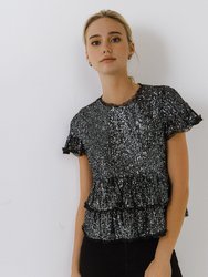 Sequins Baby Doll Top with Mesh - Black