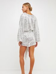 Sequins Wrapped Romper With Belt