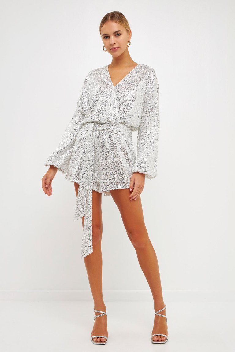 Sequins Wrapped Romper With Belt - White