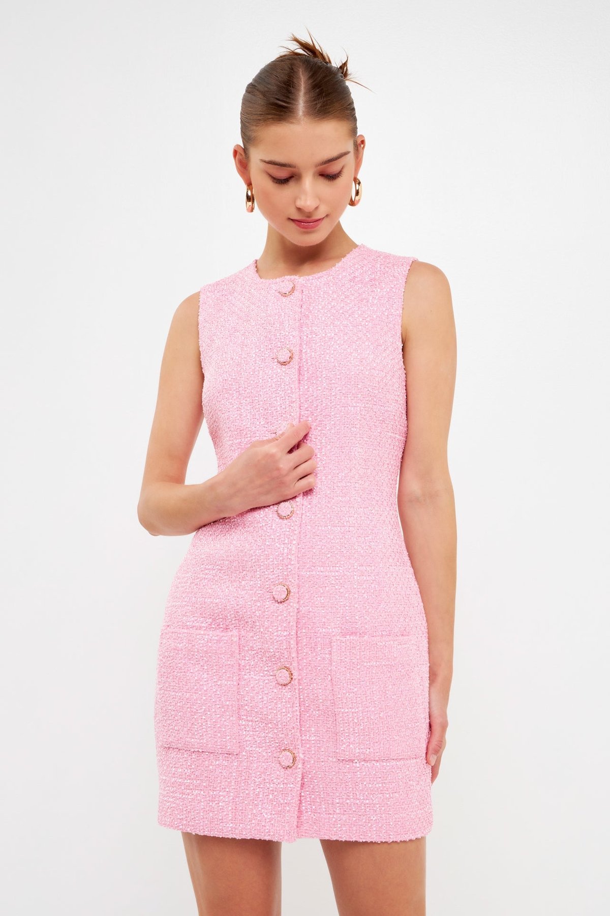 Front Pockets Single Breasted Pink Tweed Mini Dress