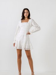 Square Neckline Lace Trim Dress - White