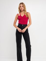 Strap Detail Fitted Knit Top - Red