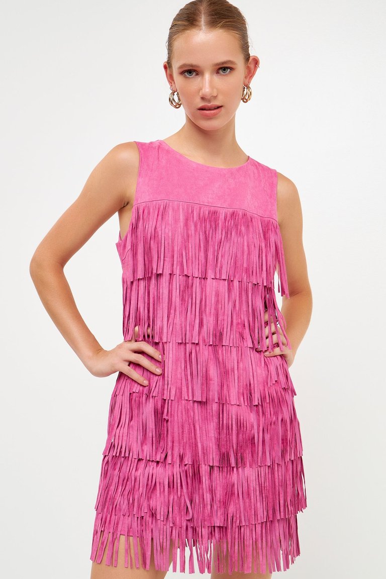 Suede Fringe Sleeveless Mini Dress - Pink