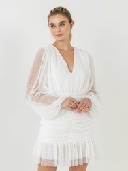 Swiss Dot Ruched Dress - White