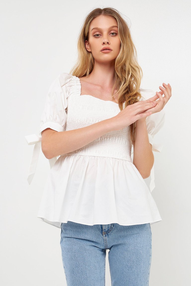 Bow Puff Sleeve Peplum Top - Ivory