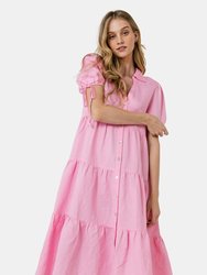 Button Down Dress with Puff Sleeves - Pink