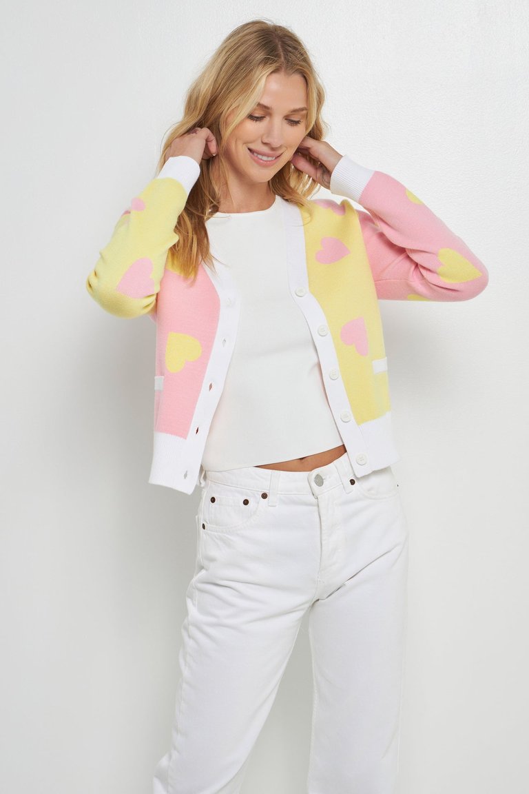 Button-Up Heart Cardigan - Pink/Yellow