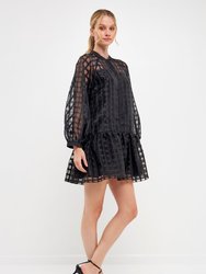 Check Organza Buttoned Long Sleeve Mini Dress