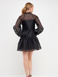 Check Organza Buttoned Long Sleeve Mini Dress