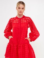 Check Organza Buttoned Long Sleeve Mini Dress - Red