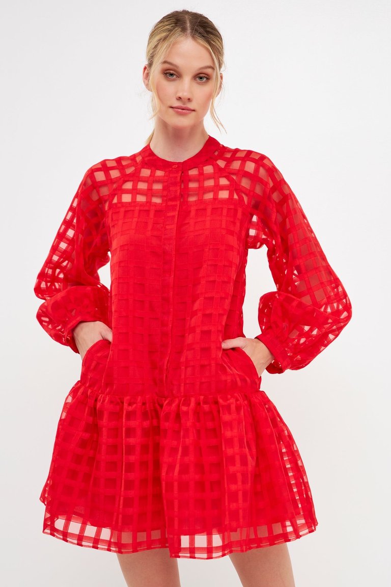 Check Organza Buttoned Long Sleeve Mini Dress - Red