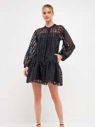 Check Organza Buttoned Long Sleeve Mini Dress