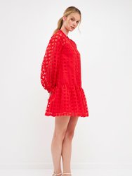 Check Organza Buttoned Long Sleeve Mini Dress