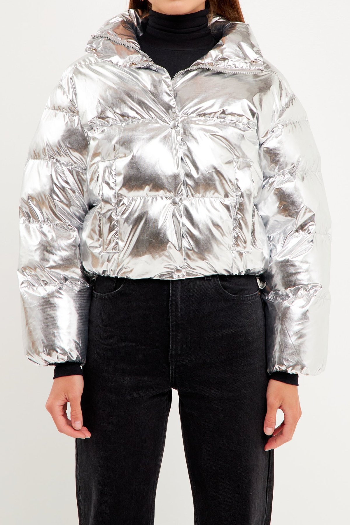 Silver Metallic Crop Puffer Jacket