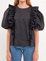 Double Ruffle Poplin Puff Sleeve Shirt