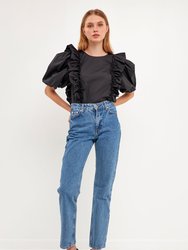 Double Ruffle Poplin Puff Sleeve Shirt