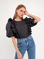 Double Ruffle Poplin Puff Sleeve Shirt - Black