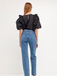 Double Ruffle Poplin Puff Sleeve Shirt