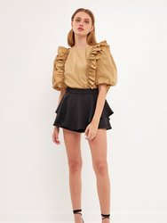 Double Ruffle Poplin Puff Sleeve Shirt