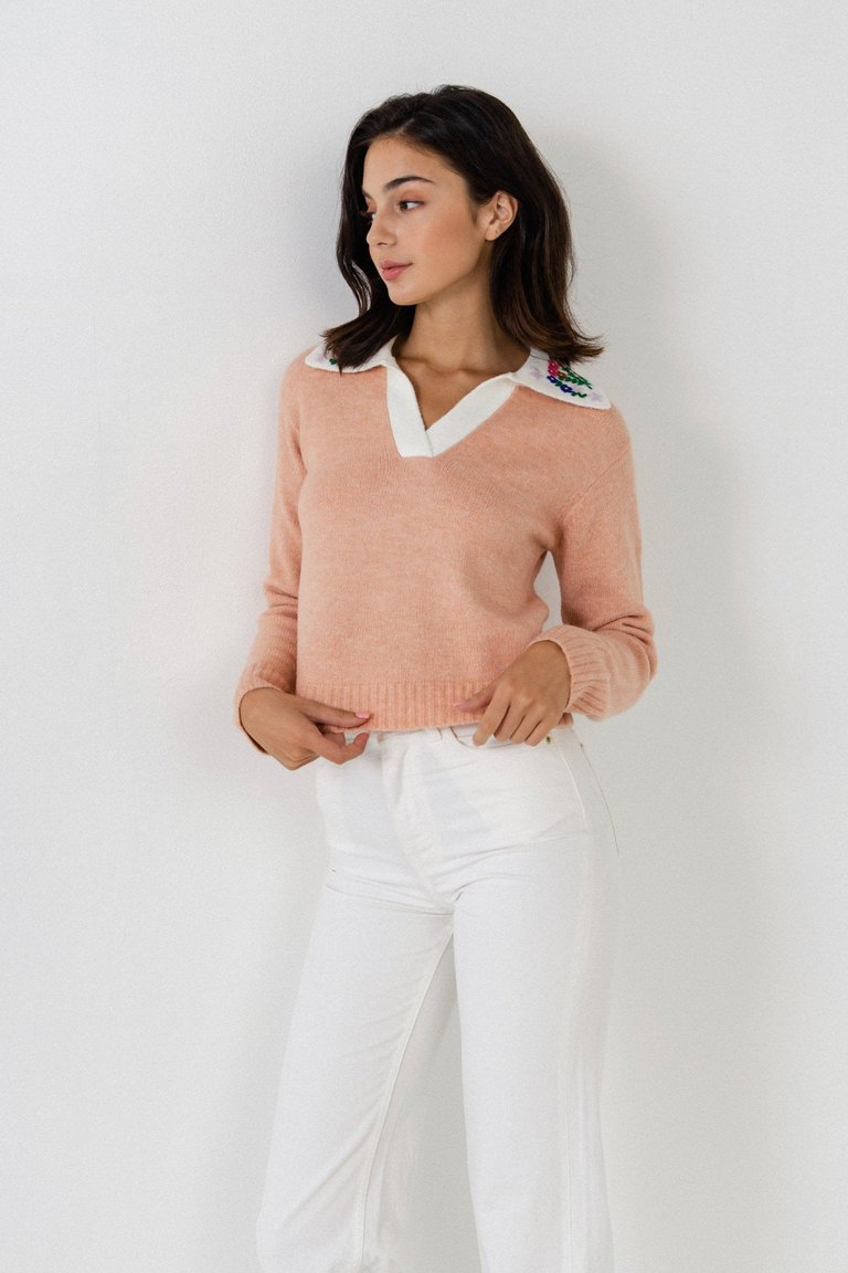 Floral Handmade Embroidery Sweater - Dusty Pink