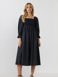 Floral Smocked Midi Dress - Black