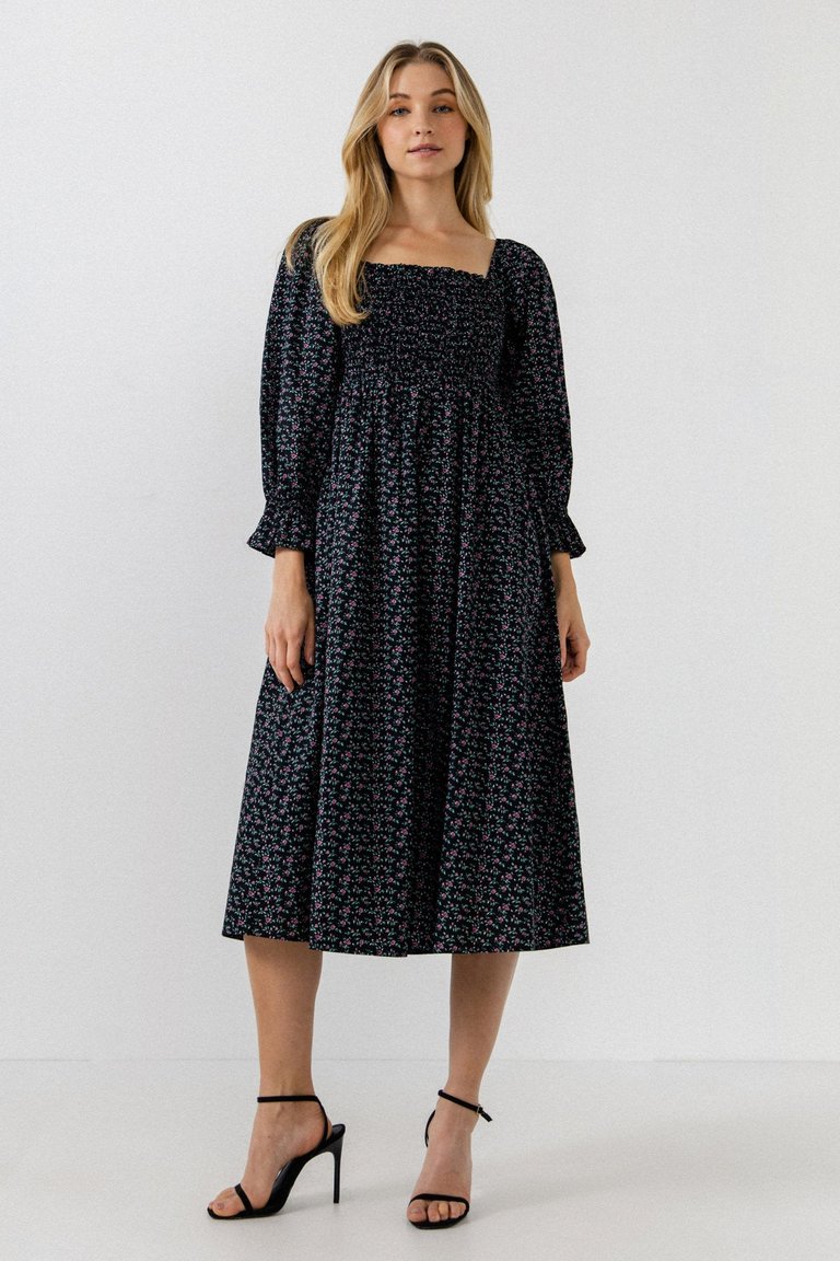 Floral Smocked Midi Dress - Black