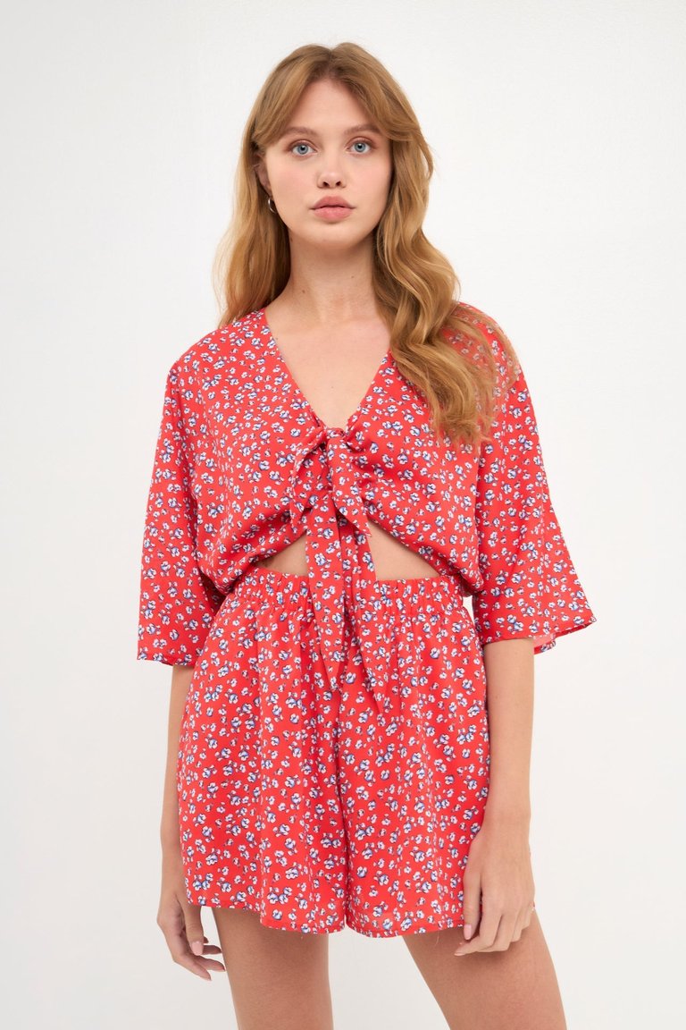 Floral Tied Romper - Red