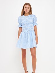 Gingham Puff Sleeve Mini Dress - Ocean Blue