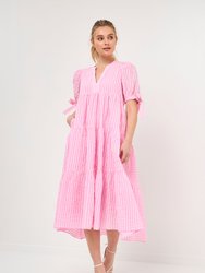 Gingham Tiered Midi Dress with Bow Tie Sleeves - Pink