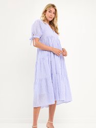 Gingham Tiered Midi Dress with Bow Tie Sleeves