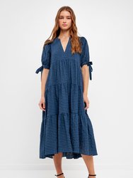 Gingham Tiered Midi Dress with Bow Tie Sleeves