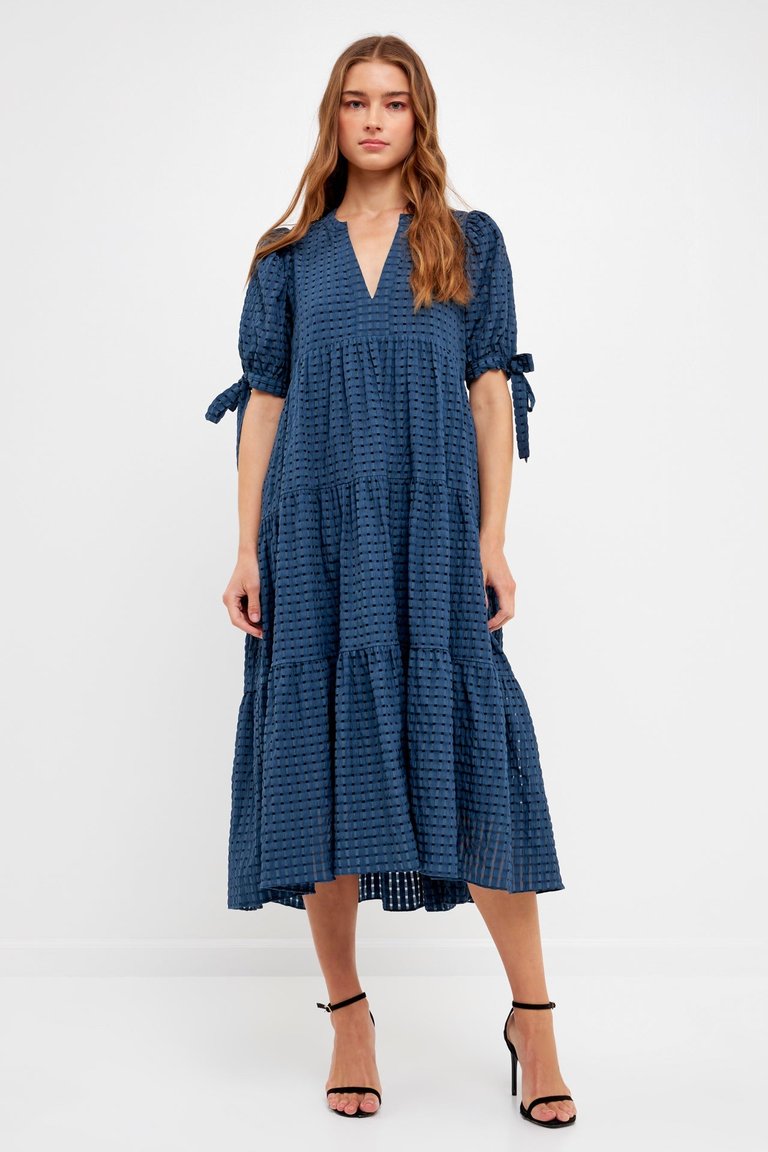 Gingham Tiered Midi Dress with Bow Tie Sleeves