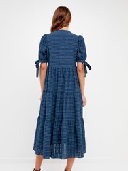 Gingham Tiered Midi Dress with Bow Tie Sleeves