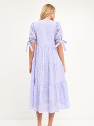 Gingham Tiered Midi Dress with Bow Tie Sleeves